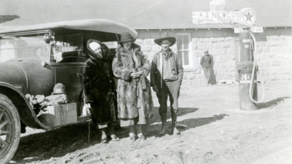 Clara Bentley, Mary Wheelwright, and Orville Cox at Newcomb Trading Post, Nava, New Mexico, ca.1925, Wheelwright Museum Archives.